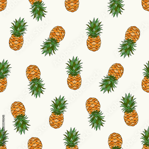 Fresh pineapples on yellow. Seamless pattern for textile, design and decoration. Vector illustration EPS10.