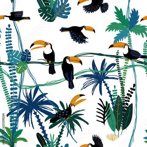 Seamless pattern With Toucan Birds In The Jungle.