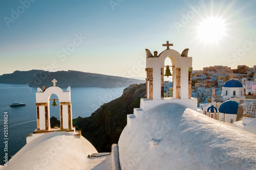 Santorini Greece Oia colourful bouldings at the village looking out over the caldera of Santorini with blue and white house photo