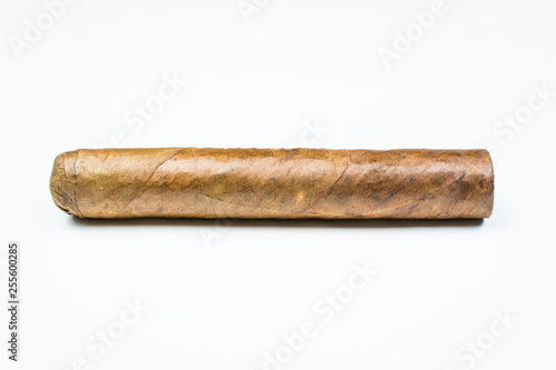 Expensive thick cigar from twisted sheets on white background.