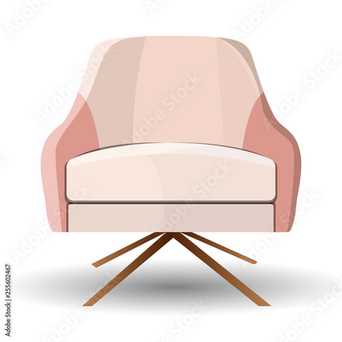 Single Armchair Flat Design. Modern Cartoon Comfortable Fabric Sofa for Rest. Stylish Household Contemporary Element. Arm Chair for Lounge Space. Classic Vintage Furniture Decor. Isolated on White.