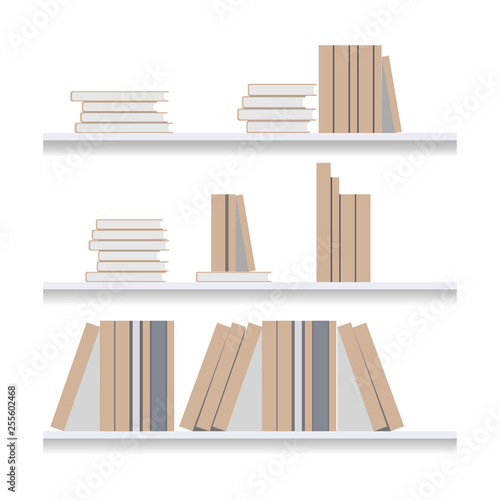 Bookshelf flat Illustration. Bookstore Literature Collection. Bibliography for Education, University Learning. Public Workspace with Book Shelves for Study. Modern House Wall.