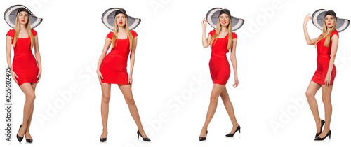 Beautiful woman in red dress isolated on white 