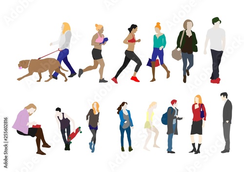 Group of people doing sport, work, walking with animal, business vector, illustration