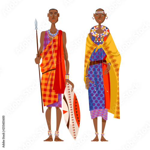 Maasai couple (warrior and girl) in traditional clothing. Africa, Kenya.