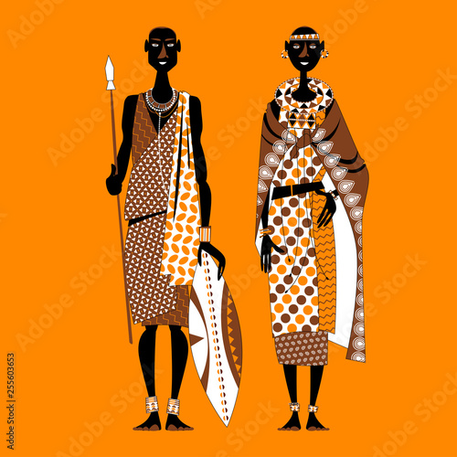 Maasai couple (warrior and girl) in traditional clothing. Africa, Kenya.