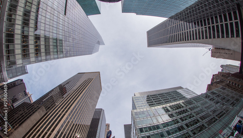 Bank of America Tower in Midtown Manhattan and surrounding buildings, wide angle upward view, New York City