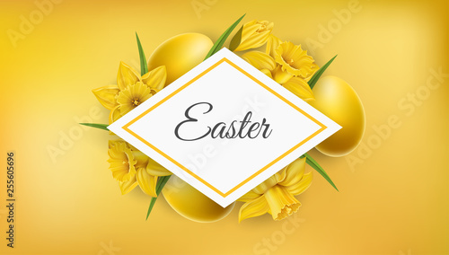 Yellow horizontal banner background with geometric rhombus frame, yellow Easter eggs and daffodil flower. Vector illustration for spring design, Easter background, sale or greeting