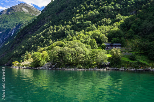 Close up on a farm lighted by the sun on the slopes of the Geirangerfjord  Sunnmore  More og Romsdal  Norway