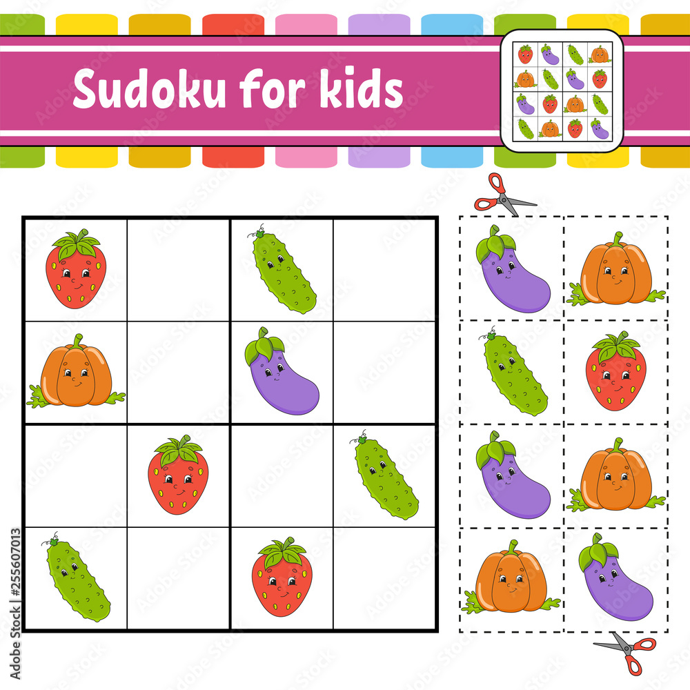 Sudoku for kids. Education developing worksheet. Activity page with pictures. Puzzle game for children. Logical thinking training. Isolated vector illustration. Funny character. Cartoon style. Sudoku for kids. Education developing worksheet. Activity page with pictures. Puzzle game for children. Logical thinking training. Isolated vector illustration. Funny character. Cartoon style.