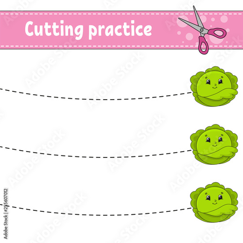 Cutting practice for kids. Education developing worksheet. Activity page with pictures. Game for children. Isolated vector illustration. Funny character. Cartoon style.