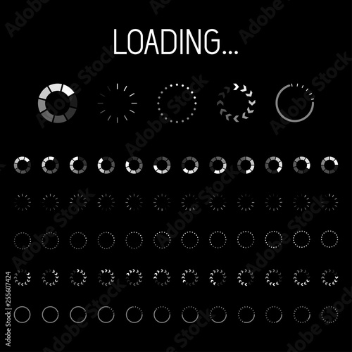 Set of contour progress bars with percentages. Loader and preload circle ui indicator. Load design and progress bar elements for web, apps and infographics photo