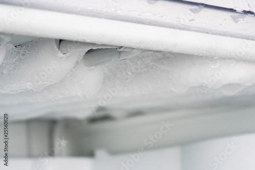 The freezer compartment is thawing, the ice is melting. Cleaning the refrigerator.