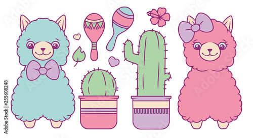 Lama or alpaca cector collection set with different fluffy pastel colored blue and pink cute animals, cactus, rumba shaker, hearts and leaf