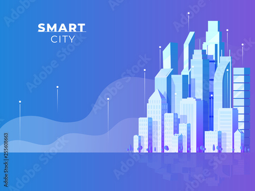 Night city landscape. Modern architecture, buildings, skyscrapers. Flat vector illustration.