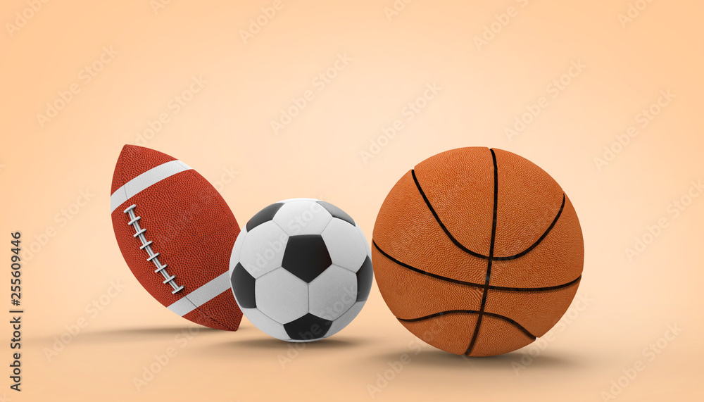 Soccer Ball,Basketball , American football Sports on Orange color Background - 3d rendering Soccer Ball,Basketball , American football Sports on Orange color Background - 3d rendering