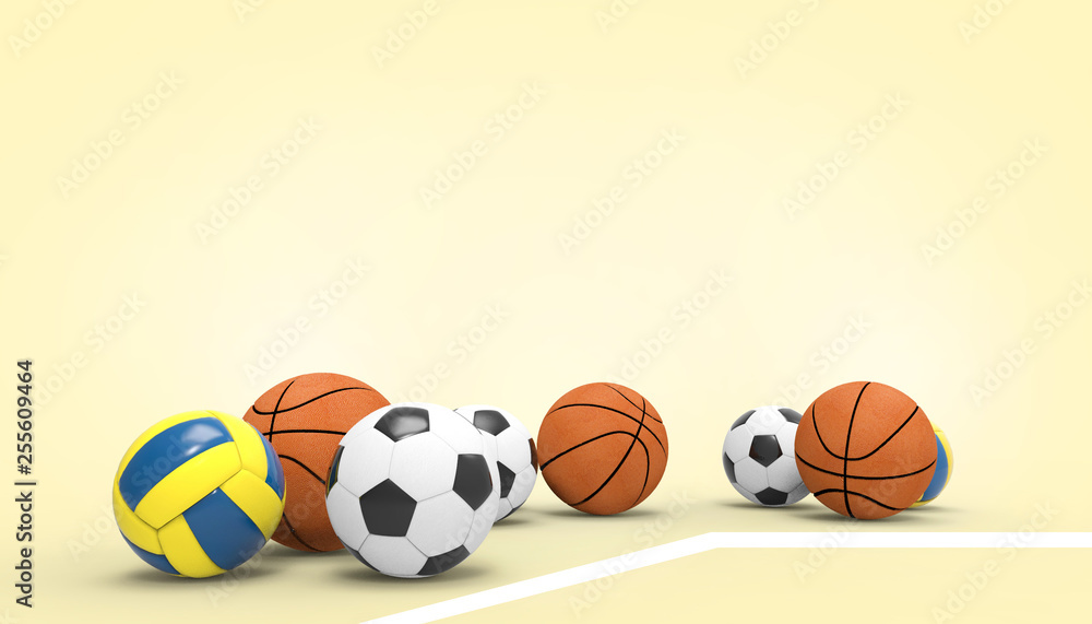 Soccer Ball, Volleyball, Basketball  Sports on pastel Yellow background  for copy space and Summer- holidays -  3d rendering