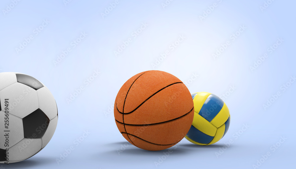 Soccer Ball, Volleyball, Basketball  Sports on blue background and  and Summer- holidays - 3d rendering