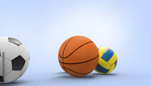 Soccer Ball  Volleyball  Basketball  Sports on blue background and  and Summer- holidays - 3d rendering