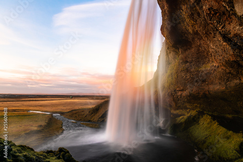 Scenic Seljalandsfoss Waterfall in Iceland at Sunset in Autumn