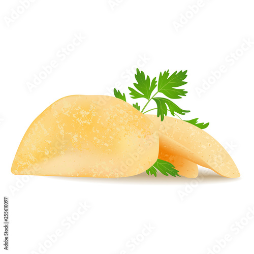 Vector illustration. Potato chips with parsley isolated on white background