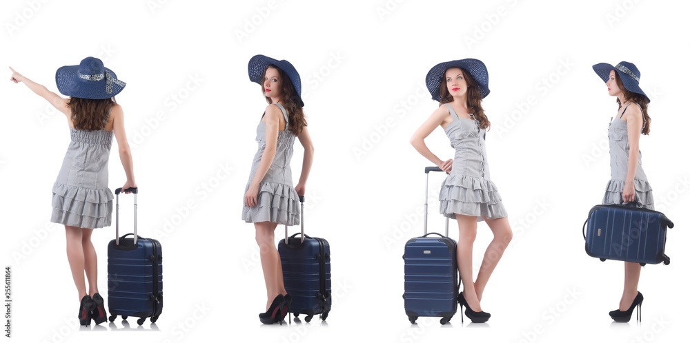 Woman with suitcase isolated on white Woman with suitcase isolated on white