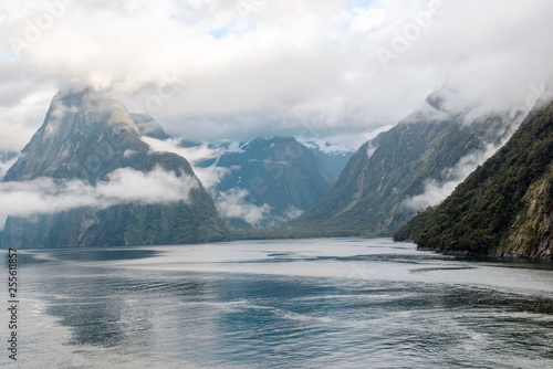 Low cloud and hanging cloud banks in Milford Sound, Fiordland National Park, South Island, New Zealand
