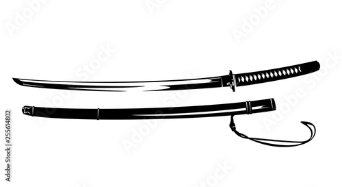 samurai katana blade and scabbard - traditional japanese sword black and white vector design photo