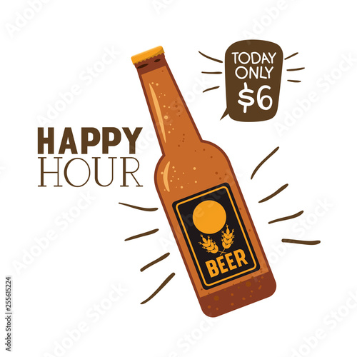 happy hour label with beer isolated icon