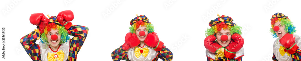 Clown with boxing gloves isolated on white Clown with boxing gloves isolated on white
