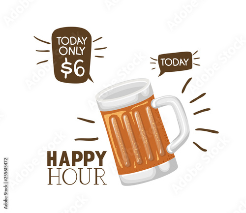 happy hour label with beer isolated icon