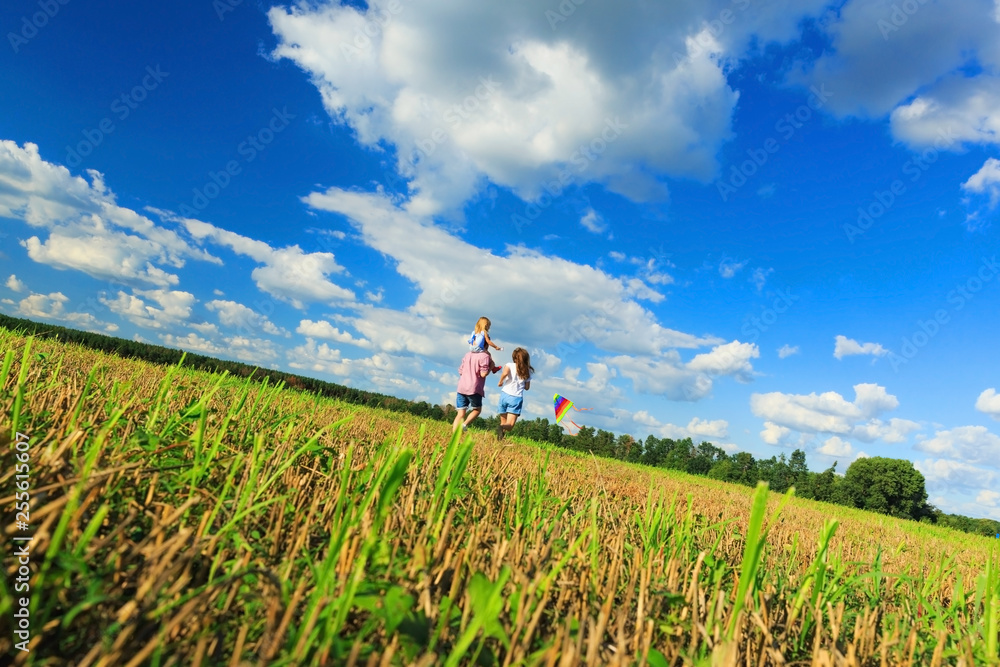 Mother, father and daughter are flying a kite in the field. back view, copy space. Mother, father and daughter are flying a kite in the field. back view, copy space.