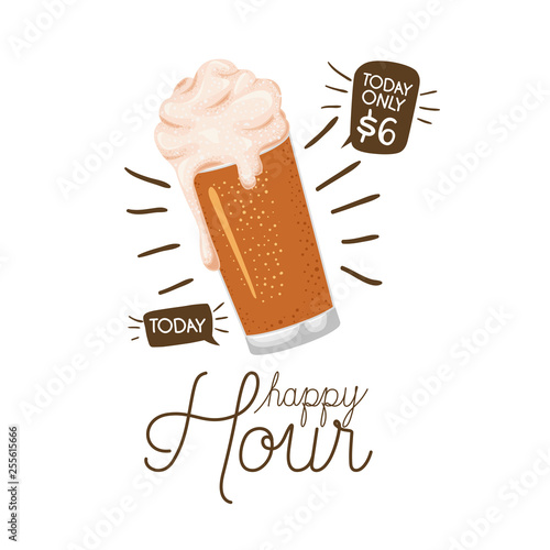 happy hour label with beer isolated icon