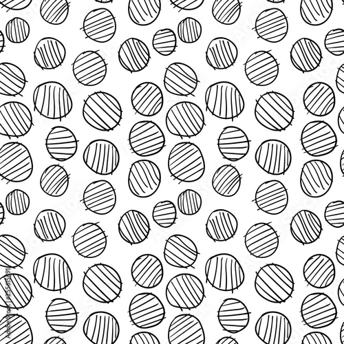 Geometrical background with striped uneven circles. Abstract round seamless pattern. Hand drawn dots pattern on white background. Vector illustration. 