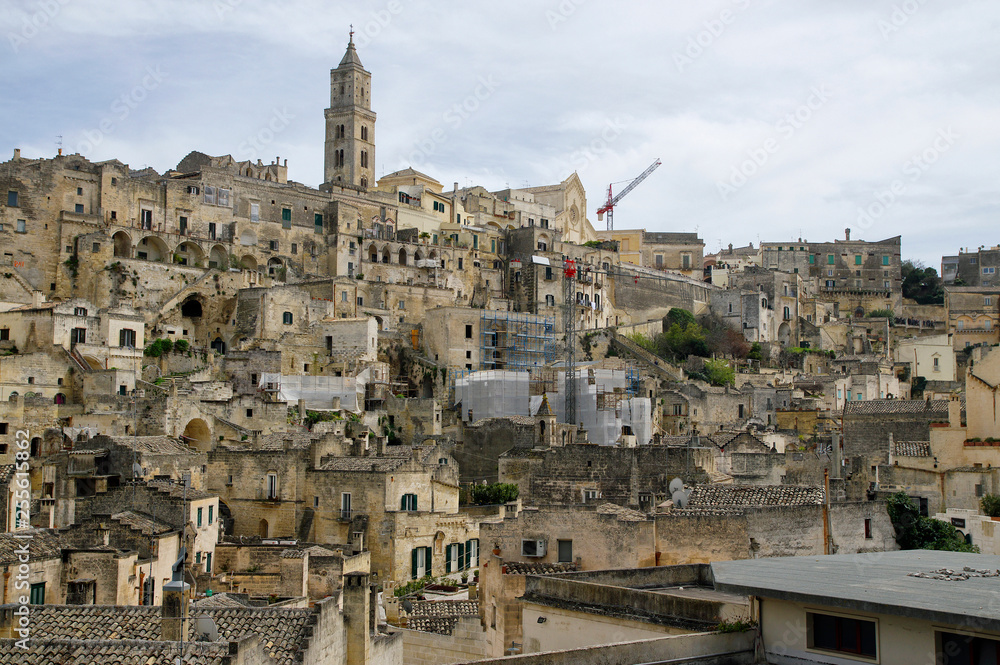 A cityscape of The Sassi of Matera which constitute the historic center of the Matera