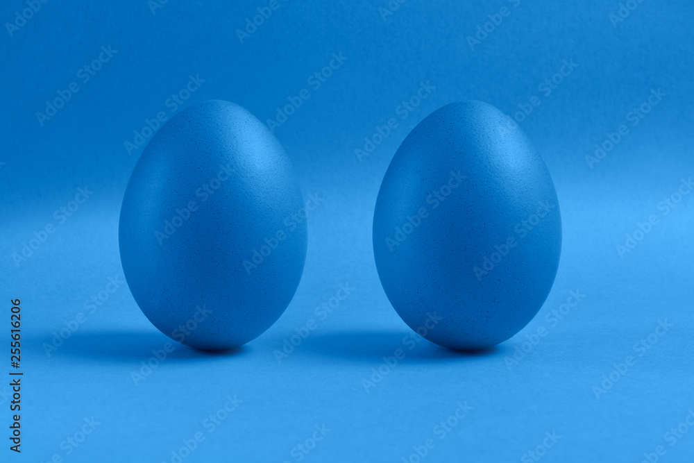 Two blue painted Easter eggs stand on a blue background. Happy Easter holiday card or banner. Two blue painted Easter eggs stand on a blue background. Happy Easter holiday card or banner.