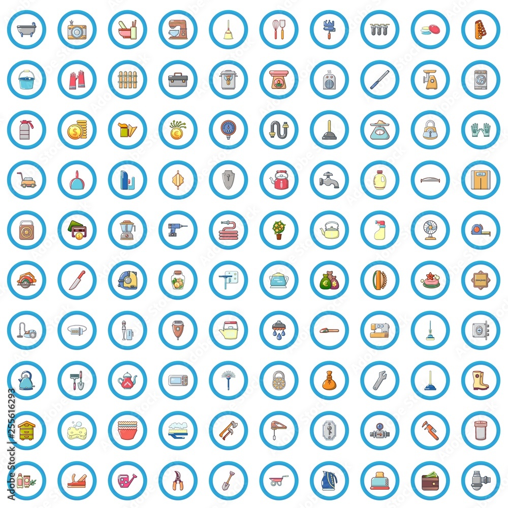 100 hardware store icons set. Cartoon illustration of 100 hardware store vector icons isolated on white background