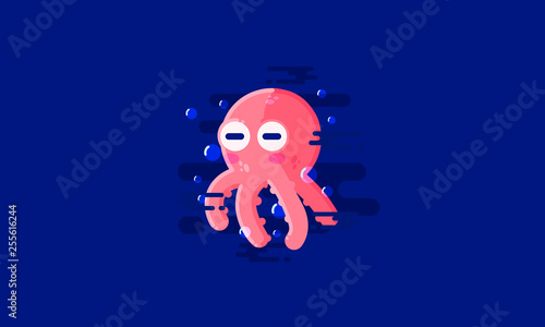 Cartoon illustration of tiny happy octopus in the sea