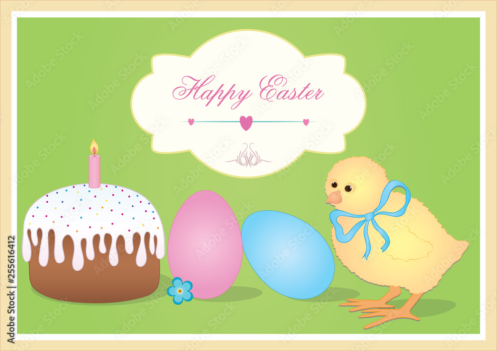 Vector holiday background. Vector Easter card with cake and flowers