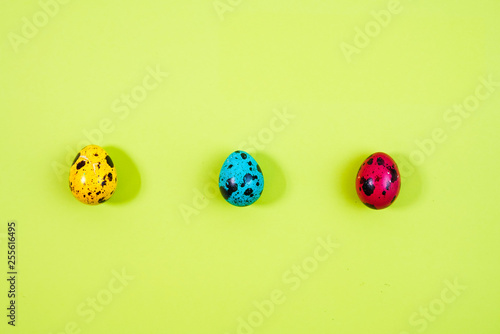 a row of colored painted quail eggs for Easter
