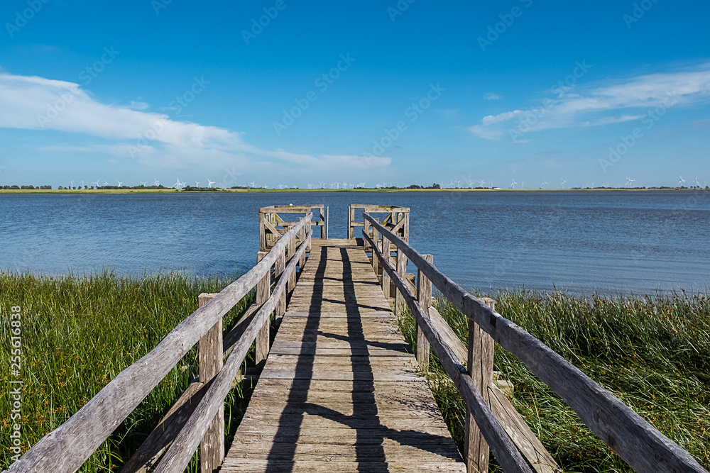 View over the observation deck to the sea to the wind turbines in St Peter Ording