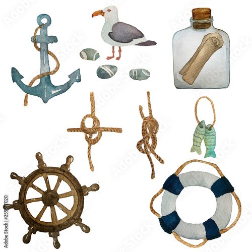 Watercolor nautical set of sea travelling . Hand drawn cartoon elements: seahouse, fishes, sea gull, pebbles, sea knots anchor. Isolated design objects on white background. Nautical collection photo