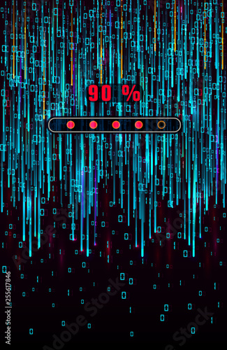 Abstract matrix background design with binary computer code and progress loading bar. Digits on screen. Digital technology concept, cryptography decryption algorithm. Vector illustration