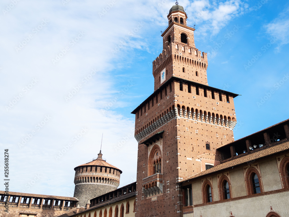 towers of Sforza Castle in Milan city
