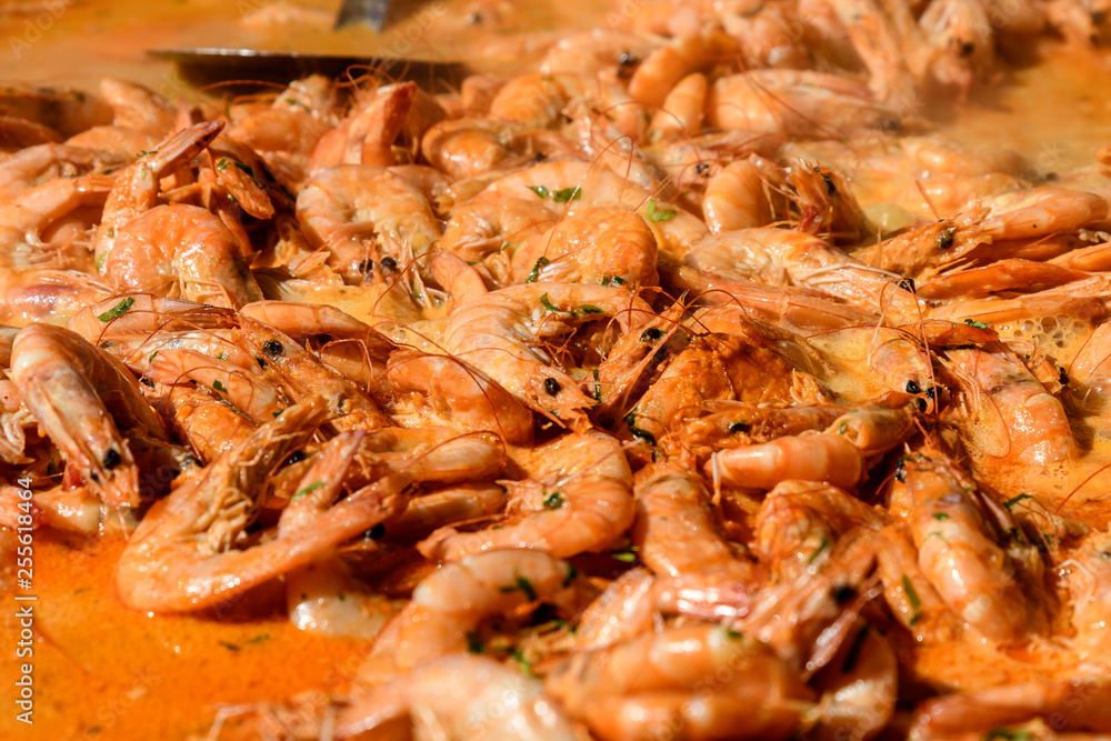 Close up of cooked shrimps at a street food festival, ready to eat seafood Close up of cooked shrimps at a street food festival, ready to eat seafood