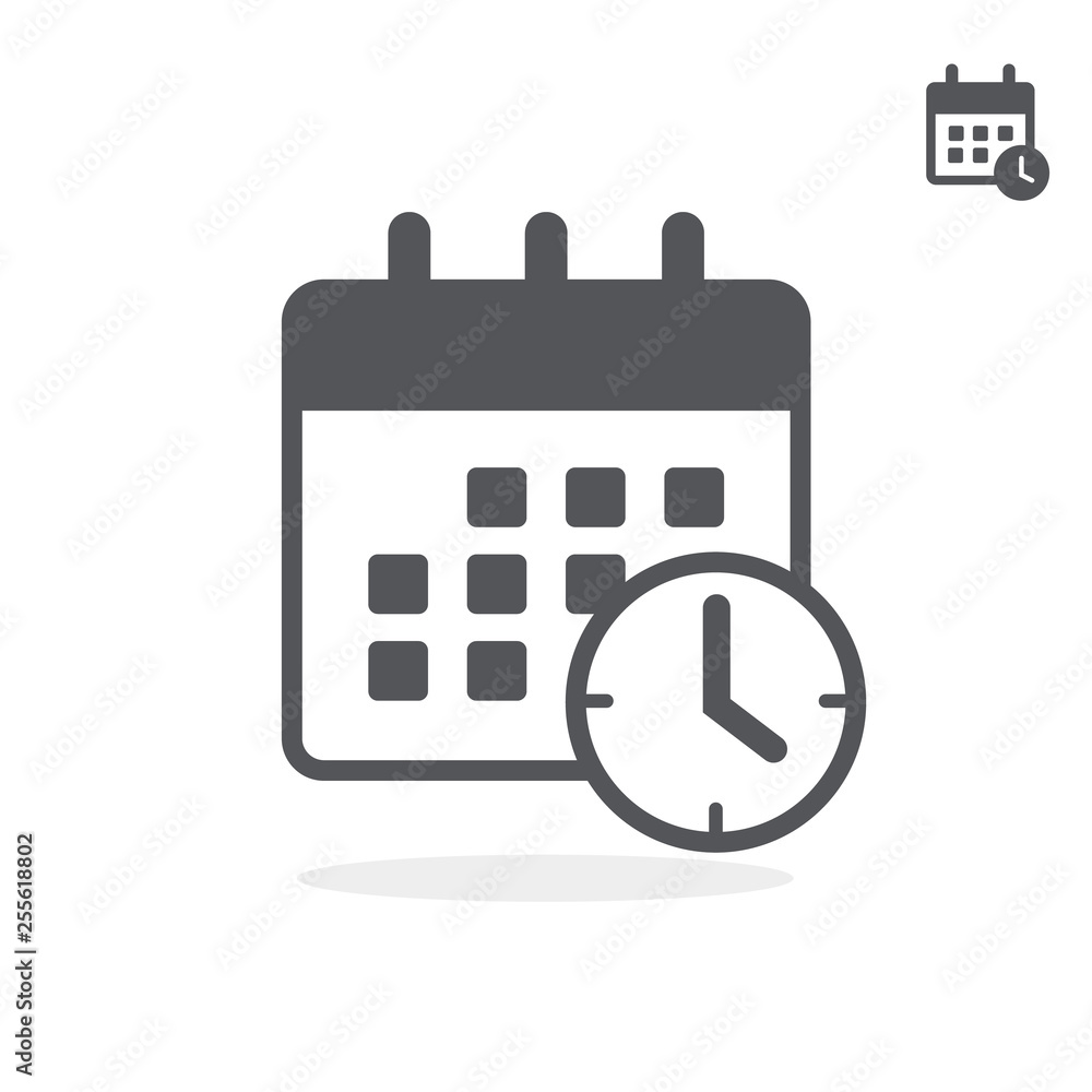 Flat small and large icon of calendar with clock. Vector illustration. Flat small and large icon of calendar with clock. Vector illustration.