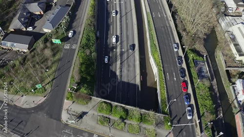 Aerial footage of the A50, A500 motorway, dual carriage way in the heart of the city of Stoke on Trent in Staffordshire, Commuters travel north and south on the roads photo