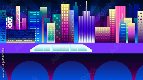 Hyperloop concept. Night neon city in synthwave style. New York urban background with colorful gradients.