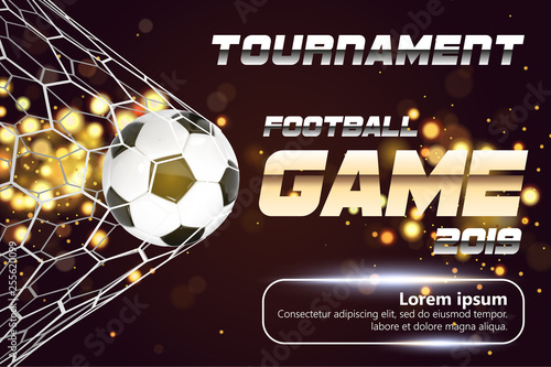 Soccer or Football Banner With 3d Ball on sparkling golden background. Soccer game match fire goal moment with ball in the net and place for text on dark background.