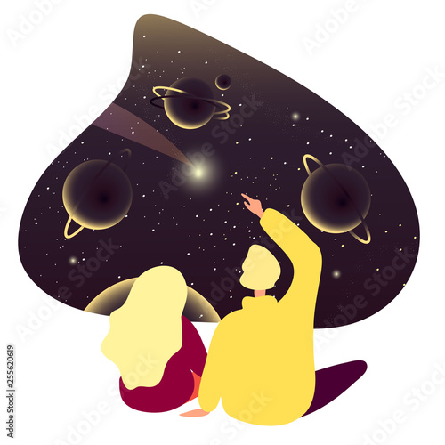 Guy and girl sit next to and consider the cosmos, galaxy. Couple in love dreaming about space.